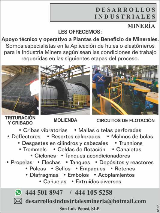 Enlainados for mills, manufacture or reconstruction of flotation cells, manufacture of rubber parts. Drum filters, screens, metal fabrics, springs, spare parts