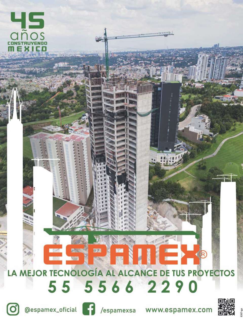 Tower Cranes, Construction Elevators, Facade Gondolas. Thanks to your Trust, 80% of the tallest Towers in Mexico have been built with Espamex Equipment. 45 Years Building Mexico.