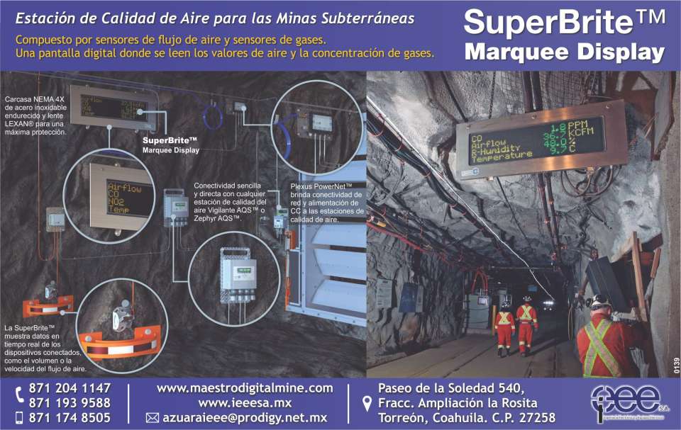 Estacion de Calidad de Aire para las Minas Subterraneas, compuesto por sensores de flujo de aire y sensores de gases. Una pantalla digital donde se leen los valores de aire y concentracion de gases.