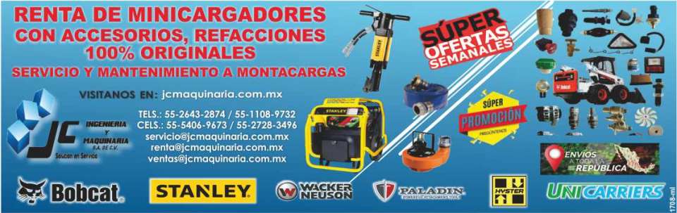 Renta de Minicargadores con Accesorios Servicio, Reparacion y Venta. Refacciones Originales. Bobcat, Unicarriers Forklift, Stanley, Paladin, Hyster, Wacker Neuson. Envios a toda la Republica.