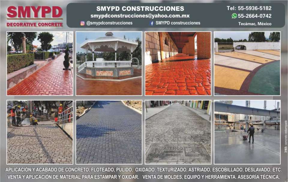 Aplicacion y acabado de concreto: floteado, pulido, oxidado, texturizado, astriado, escobillado, deslavado, etc. Venta, suministro y aplicacion de material para estampar y oxidar.