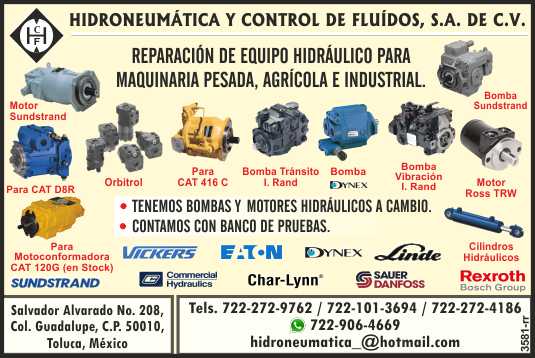 Hidroneumatica y Control de Fluidos Reparacion de equipo hidraulico para maquinaria pesada, cilindros hidraulicos, bombas de pistones, paletas y engranes.