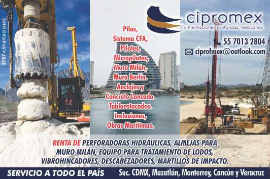 Pilotes, Micropilotes, Muro Milan y Berlin, Anclajes y Concreto Lanzado, Tablaestacados. Inclusiones, Obras Maritimas. Renta y venta de Equipo. Suc. Mazatlan, Monterrey y Cancun y Veracruz.