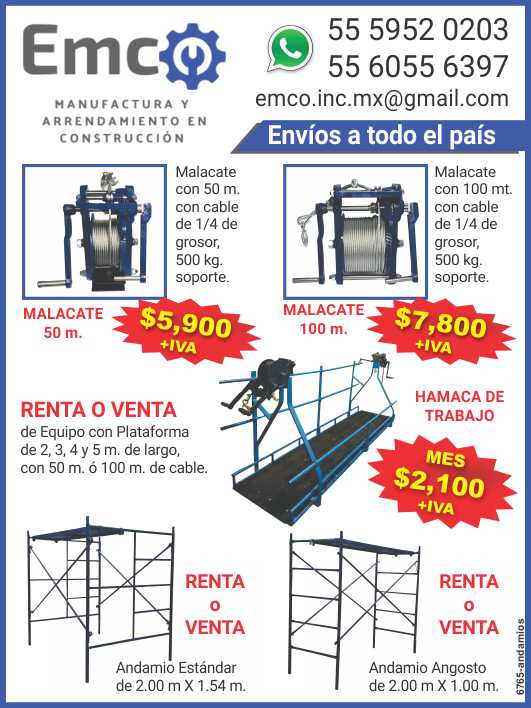 Malacates, andamios, renta o venta de equipo con plataforma de 2, 3, 4, 5m de largo con 50m o 100m de cable, envio a todo el pais