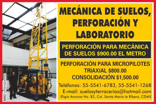 Mecanica de suelos, perforacion y laboratorio. Perforaciones para Mecanica de Suelos $600. el metro. Pozos de Observacion, Pozos de Absorcion.