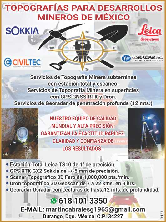 Servicios de Topografia Minera subterranea con estacion total y escaneo. Servicios de Topografia Minera en superficies con GPS GNSS RTK y Dron. Servicios de Georadar de penetracion profunda (12 mts)
