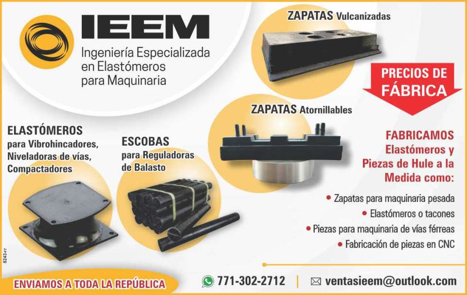 Fabricamos elastomeros y piezas de hule a la medida, zapatas para maquinaria pesada, tacones, piezas para maquinaria de vias ferreas, piezas en CNC, escobas para reguladoras de balasto