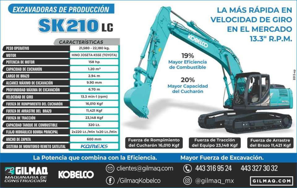 Excavadoras de Produccion SK210LC La mas rapida en velocidad de giro en el mercado 13.3 R.P.M.. La Potencia que combina con la eficiencia. Mayor fuerza de excavacion. Gil maquinaria para Construccion